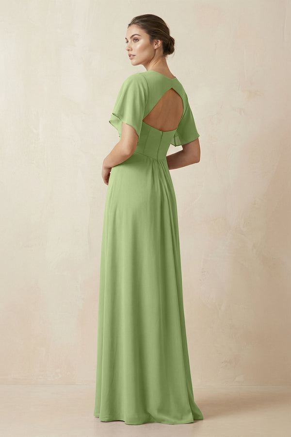 Short Sleeve V-Neck Chiffon A-Line Bridesmaid Dress in Matcha - KissProm BRIDESMAID DRESSES