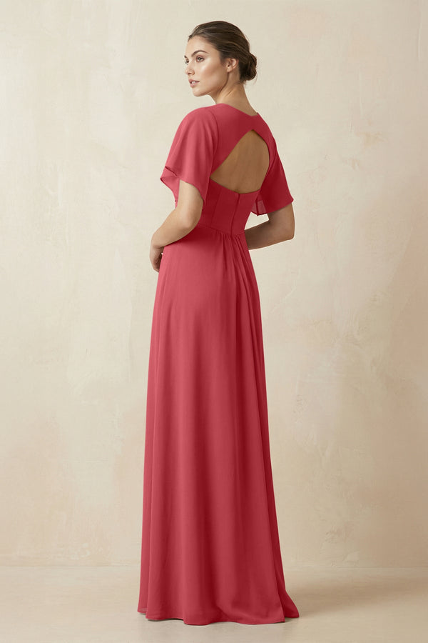 Short Sleeve V-Neck Chiffon A-Line Bridesmaid Dress in Merlot - KissProm BRIDESMAID DRESSES
