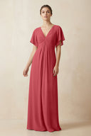 Short Sleeve V-Neck Chiffon A-Line Bridesmaid Dress in Merlot - KissProm BRIDESMAID DRESSES