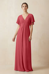 Short Sleeve V-Neck Chiffon A-Line Bridesmaid Dress in Merlot - KissProm BRIDESMAID DRESSES