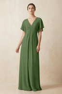 Short Sleeve V-Neck Chiffon A-Line Bridesmaid Dress in Moss - KissProm BRIDESMAID DRESSES