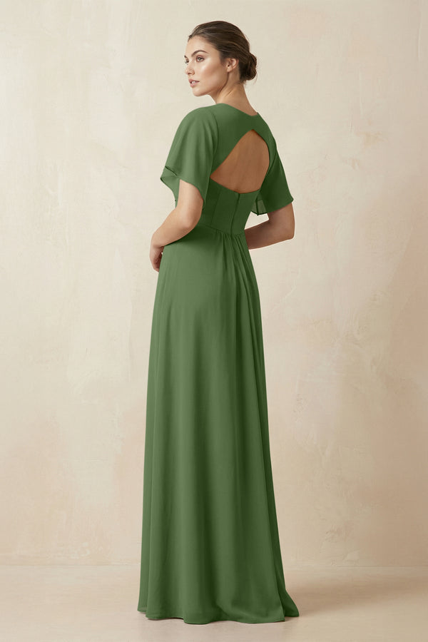 Short Sleeve V-Neck Chiffon A-Line Bridesmaid Dress in Moss - KissProm BRIDESMAID DRESSES
