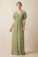 Short Sleeve V-Neck Chiffon A-Line Bridesmaid Dress in Moss Green - KissProm BRIDESMAID DRESSES