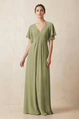 Short Sleeve V-Neck Chiffon A-Line Bridesmaid Dress in Moss Green - KissProm BRIDESMAID DRESSES