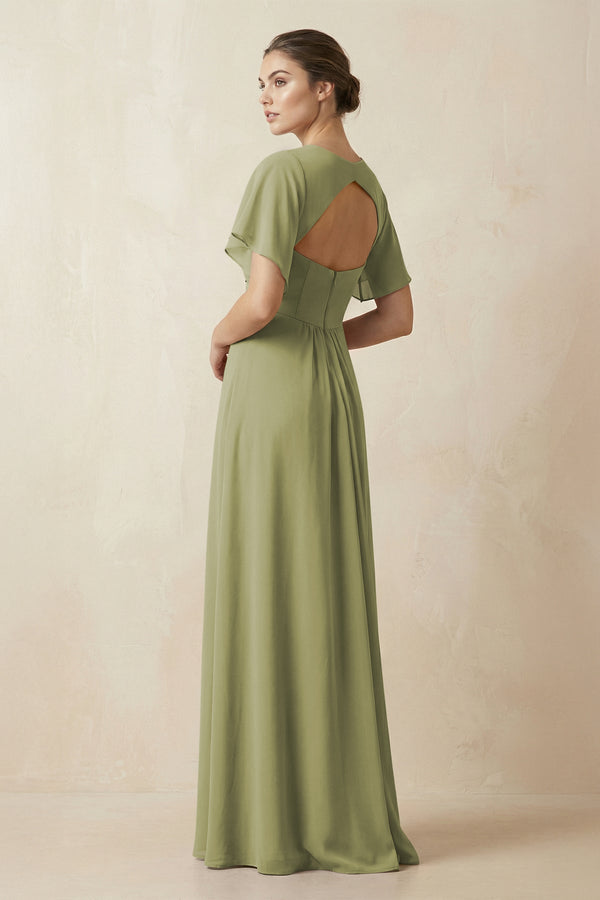 Short Sleeve V-Neck Chiffon A-Line Bridesmaid Dress in Moss Green - KissProm BRIDESMAID DRESSES