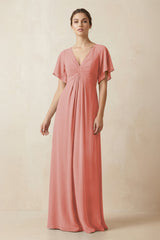 Short Sleeve V-Neck Chiffon A-Line Bridesmaid Dress in Mulberry - KissProm BRIDESMAID DRESSES