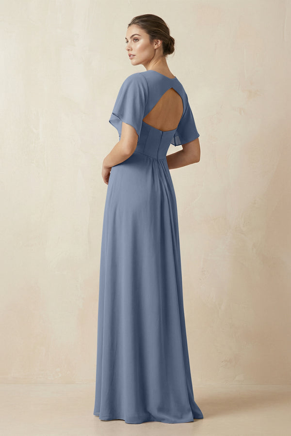 Short Sleeve V-Neck Chiffon A-Line Bridesmaid Dress in Neptune - KissProm BRIDESMAID DRESSES