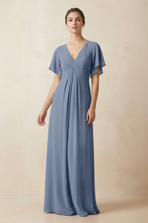 Short Sleeve V-Neck Chiffon A-Line Bridesmaid Dress in Neptune - KissProm BRIDESMAID DRESSES