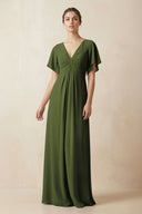 Short Sleeve V-Neck Chiffon A-Line Bridesmaid Dress in Olive - KissProm BRIDESMAID DRESSES