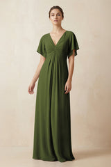 Short Sleeve V-Neck Chiffon A-Line Bridesmaid Dress in Olive - KissProm BRIDESMAID DRESSES