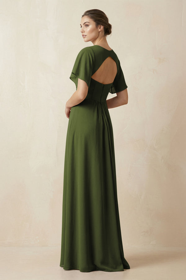 Short Sleeve V-Neck Chiffon A-Line Bridesmaid Dress in Olive - KissProm BRIDESMAID DRESSES