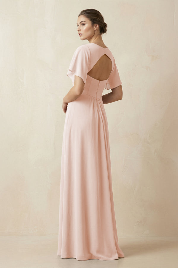 Short Sleeve V-Neck Chiffon A-Line Bridesmaid Dress in Pale Blush - KissProm BRIDESMAID DRESSES