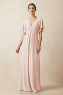 Short Sleeve V-Neck Chiffon A-Line Bridesmaid Dress in Pale Blush - KissProm BRIDESMAID DRESSES