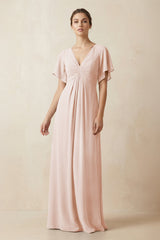 Short Sleeve V-Neck Chiffon A-Line Bridesmaid Dress in Pale Blush - KissProm BRIDESMAID DRESSES
