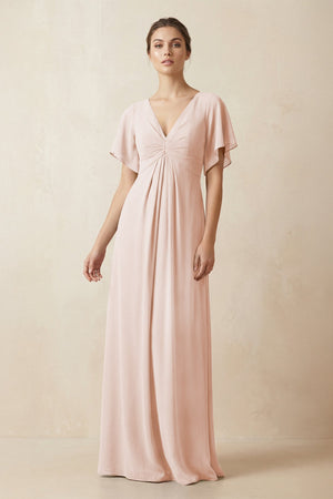 Short Sleeve V-Neck Chiffon A-Line Bridesmaid Dress in Pale Blush - KissProm BRIDESMAID DRESSES