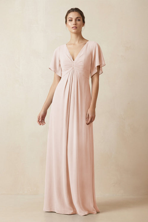 Short Sleeve V-Neck Chiffon A-Line Bridesmaid Dress in Pale Blush - KissProm BRIDESMAID DRESSES