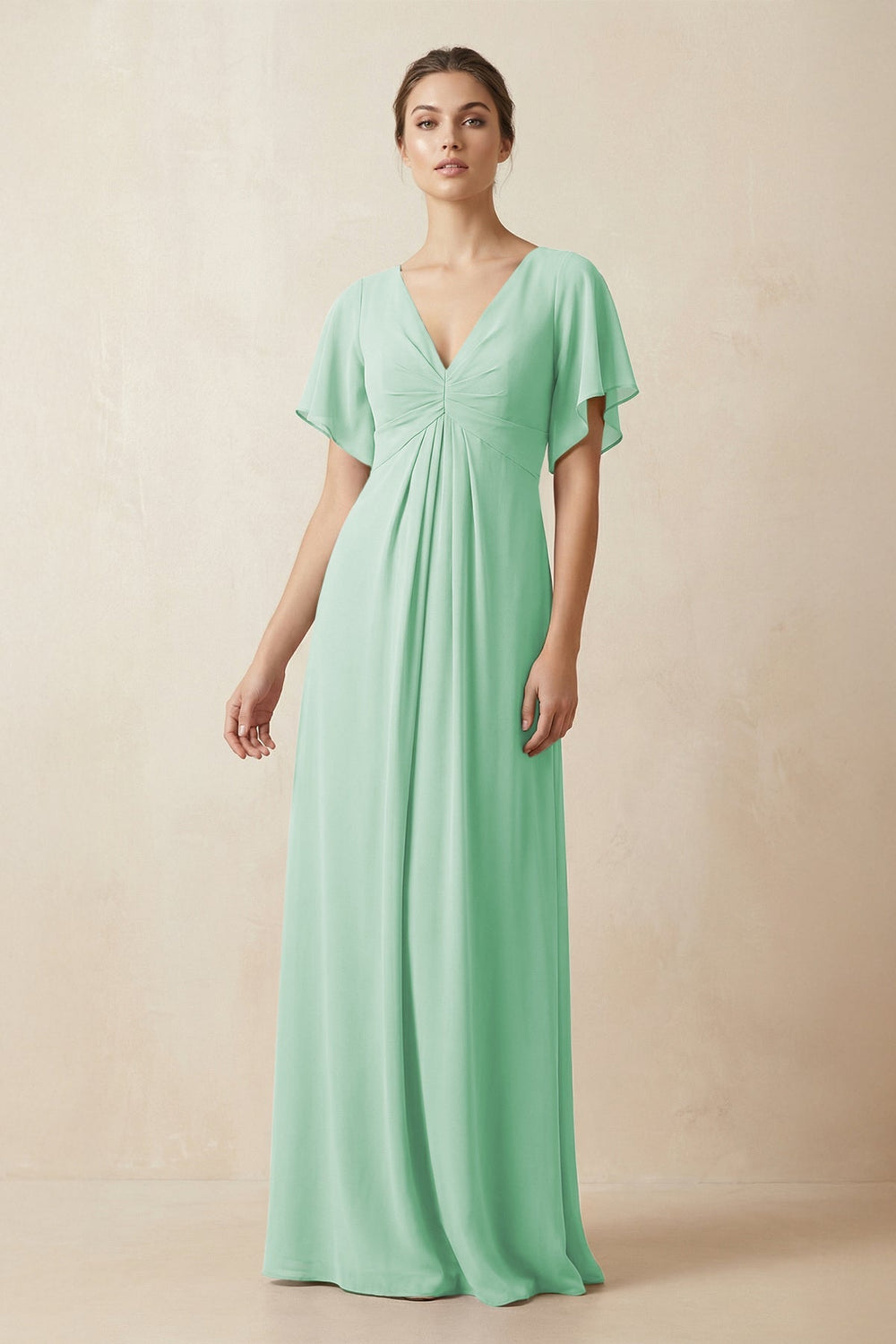 Short Sleeve V - Neck Chiffon A - Line Bridesmaid Dress in Pale Pistachio - KissProm Bridesmaid Dresses