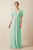 Short Sleeve V - Neck Chiffon A - Line Bridesmaid Dress in Pale Pistachio - KissProm Bridesmaid Dresses
