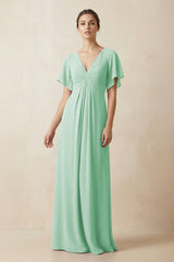 Short Sleeve V - Neck Chiffon A - Line Bridesmaid Dress in Pale Pistachio - KissProm Bridesmaid Dresses
