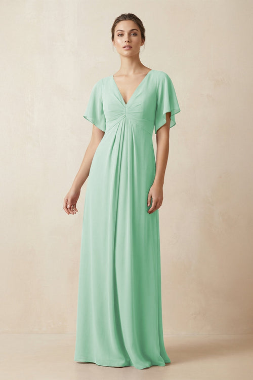 Short Sleeve V - Neck Chiffon A - Line Bridesmaid Dress in Pale Pistachio - KissProm Bridesmaid Dresses