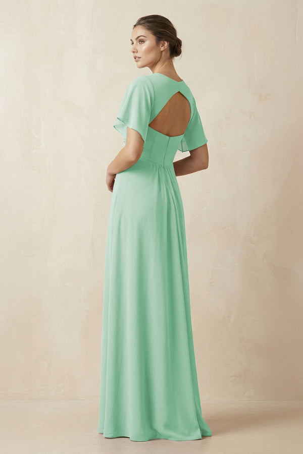 Short Sleeve V - Neck Chiffon A - Line Bridesmaid Dress in Pale Pistachio - KissProm Bridesmaid Dresses