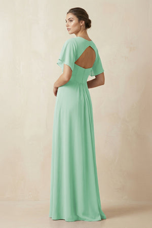 Short Sleeve V - Neck Chiffon A - Line Bridesmaid Dress in Pale Pistachio - KissProm Bridesmaid Dresses