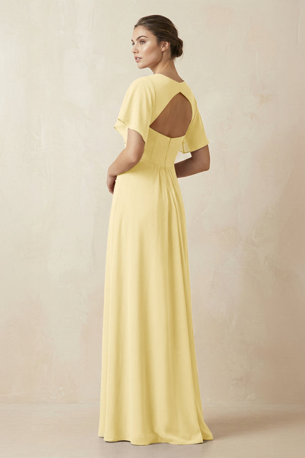 Short Sleeve V-Neck Chiffon A-Line Bridesmaid Dress in Pastel Yellow - KissProm BRIDESMAID DRESSES