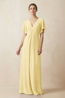 Short Sleeve V-Neck Chiffon A-Line Bridesmaid Dress in Pastel Yellow - KissProm BRIDESMAID DRESSES