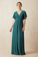 Short Sleeve V-Neck Chiffon A-Line Bridesmaid Dress in Pine - KissProm BRIDESMAID DRESSES