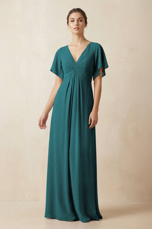 Short Sleeve V-Neck Chiffon A-Line Bridesmaid Dress in Pine - KissProm BRIDESMAID DRESSES
