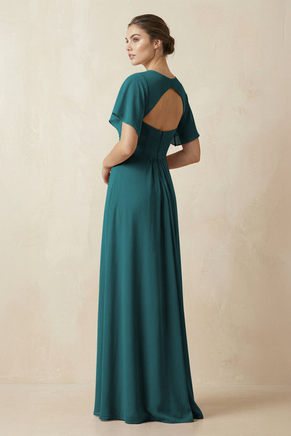 Short Sleeve V-Neck Chiffon A-Line Bridesmaid Dress in Pine - KissProm BRIDESMAID DRESSES