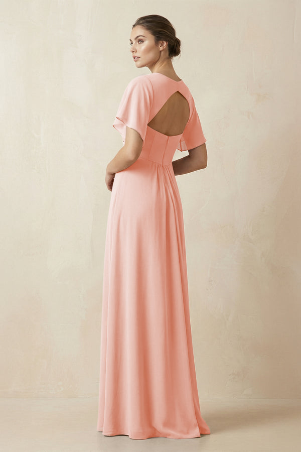 Short Sleeve V-Neck Chiffon A-Line Bridesmaid Dress in Rose Petal - KissProm BRIDESMAID DRESSES