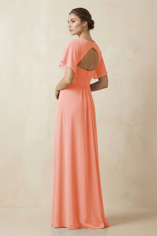 Short Sleeve V-Neck Chiffon A-Line Bridesmaid Dress in Rosette - KissProm BRIDESMAID DRESSES