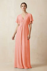 Short Sleeve V-Neck Chiffon A-Line Bridesmaid Dress in Rosette - KissProm BRIDESMAID DRESSES