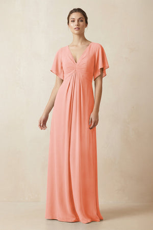 Short Sleeve V-Neck Chiffon A-Line Bridesmaid Dress in Rosette - KissProm BRIDESMAID DRESSES