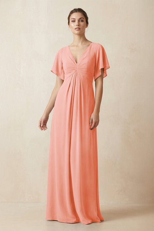 Short Sleeve V-Neck Chiffon A-Line Bridesmaid Dress in Rosette - KissProm BRIDESMAID DRESSES