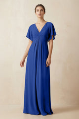 Short Sleeve V-Neck Chiffon A-Line Bridesmaid Dress in Royal Blue - KissProm BRIDESMAID DRESSES