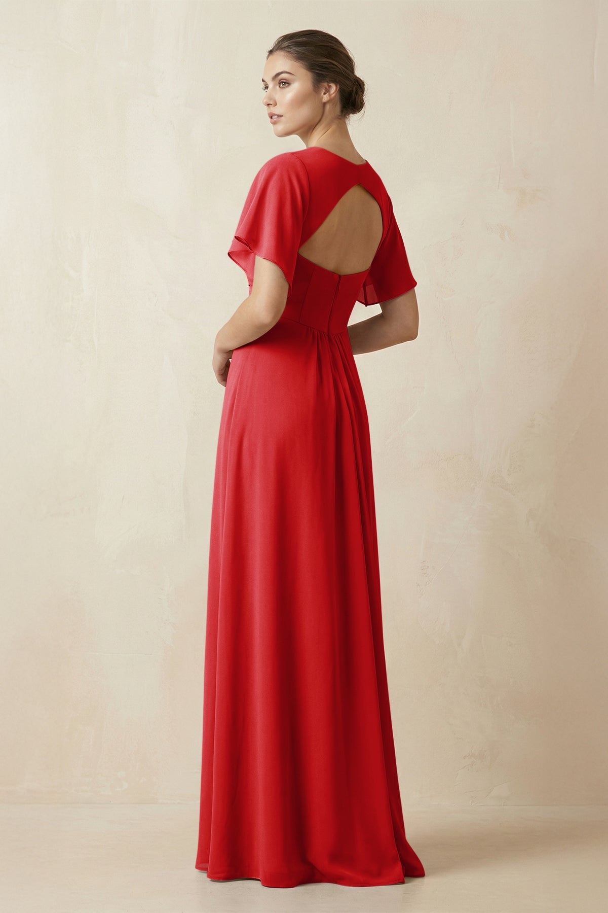 KissProm Short Sleeve V-Neck Chiffon A-Line Bridesmaid Dress in Ruby Red, Ruby Red / 2