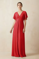 Short Sleeve V-Neck Chiffon A-Line Bridesmaid Dress in Ruby Red - KissProm BRIDESMAID DRESSES