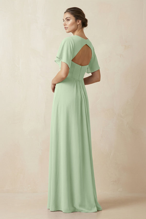 Short Sleeve V-Neck Chiffon A-Line Bridesmaid Dress in Sage - KissProm BRIDESMAID DRESSES