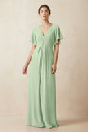 Short Sleeve V-Neck Chiffon A-Line Bridesmaid Dress in Sage - KissProm BRIDESMAID DRESSES