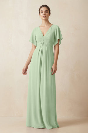 Short Sleeve V-Neck Chiffon A-Line Bridesmaid Dress in Sage - KissProm BRIDESMAID DRESSES