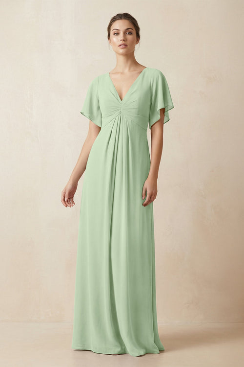 Short Sleeve V-Neck Chiffon A-Line Bridesmaid Dress in Sage - KissProm BRIDESMAID DRESSES