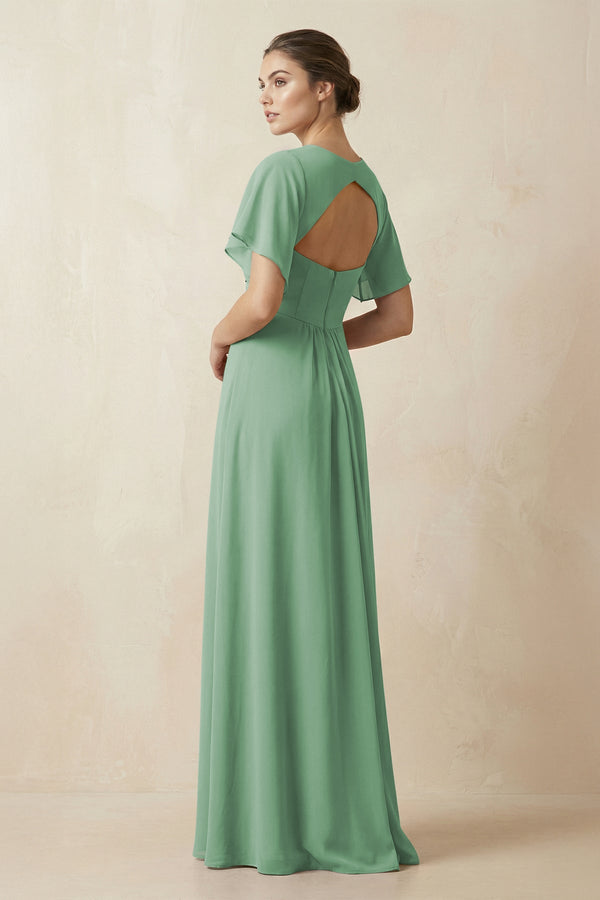 Short Sleeve V-Neck Chiffon A-Line Bridesmaid Dress in Sea Glass - KissProm BRIDESMAID DRESSES