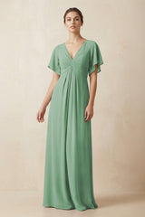 Short Sleeve V-Neck Chiffon A-Line Bridesmaid Dress in Sea Glass - KissProm BRIDESMAID DRESSES