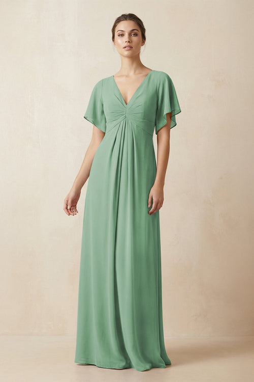 Short Sleeve V-Neck Chiffon A-Line Bridesmaid Dress in Sea Glass - KissProm BRIDESMAID DRESSES