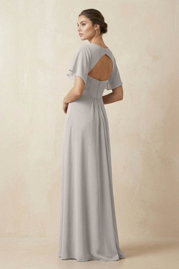 Short Sleeve V-Neck Chiffon A-Line Bridesmaid Dress in Silver - KissProm BRIDESMAID DRESSES