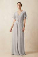 Short Sleeve V-Neck Chiffon A-Line Bridesmaid Dress in Silver - KissProm BRIDESMAID DRESSES