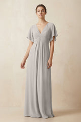 Short Sleeve V-Neck Chiffon A-Line Bridesmaid Dress in Silver - KissProm BRIDESMAID DRESSES