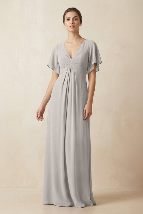 Short Sleeve V-Neck Chiffon A-Line Bridesmaid Dress in Silver - KissProm BRIDESMAID DRESSES